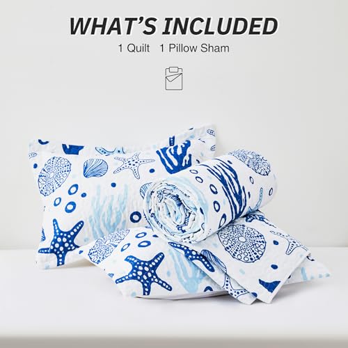 Love's cabin Twin Quilt Bedding Set Coastal White Bedspreads - Soft Bed Summer Beach Nautical Quilt Lightweight Bedspread- Reversible Bedding Coverlet for All Season - 2 Piece Love's cabin