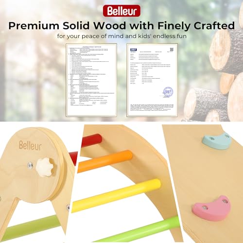 Belleur 7 in 1 Wood Pikler Triangle Set, Foldable Toddler Climbing Toys Indoor, Montessori Climbing Set with Ramp, Arch & Climbing Triangle, Baby Climbing Gym, Indoor Playground for Kids 1-6 - Rainbow Belleur
