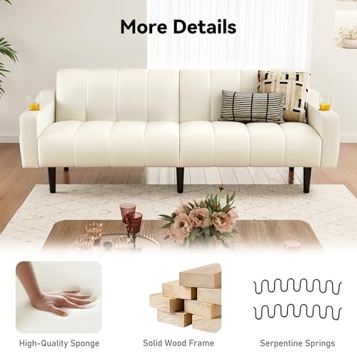 Chfeloai 80'' Futon Sofa Bed, Faux Leather Sleeper Couch, Convertible Loveseat with Adjustable Sofa Backrest, Modern Couches for Living Room, Bed Room, Apartment, Office (Beige) Chfeloai