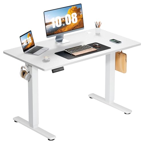 Sweetcrispy Electric Standing Desk Adjustable Height, 40x24 Inch Sit Stand Up Home Office Desks Computer Workstation PC Work Table with 3 Memory Preset Splice Wood Board Metal Frame, White Sweetcrispy