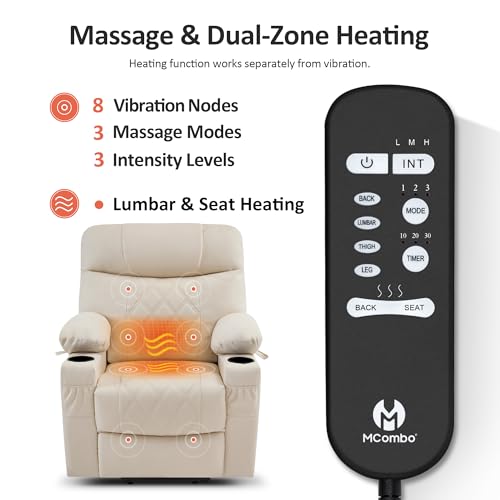 MCombo Small Power Lift Recliner Chair Sofa with Massage and Dual Heating, Adjustable Headrest for Elderly People Petite, USB Ports, Faux Leather 7111 (Cream White)