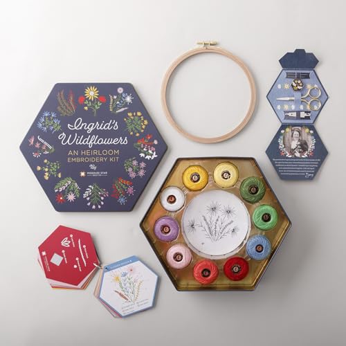 Ingrid's Wildflowers - an Heirloom Embroidery Kit by Missouri Star | Includes 20 Wildflower Designed Peel & Stitch Washaway Sheets, Colored Floss, Needles, Hoop, and Other Tools Needed for Embroidery