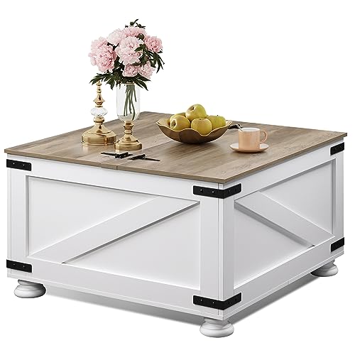 WLIVE Farmhouse Coffee Table,Square Wood Coffee Table with Storage,Center Table for Living Room,Home Office,White WLIVE