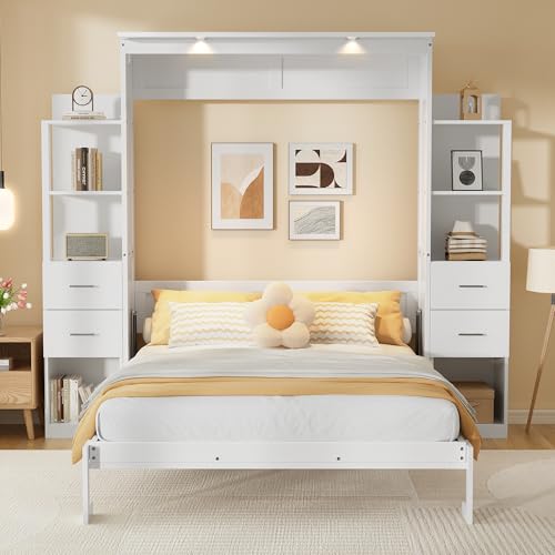 PVWIIK Queen Size Murphy Bed with 4 Drawers and Foldable & Led & Shelf,Foldable PlatformBed Vertical Wall Bedframe for Small Space/Bedroom/Guest Room,White PVWIIK