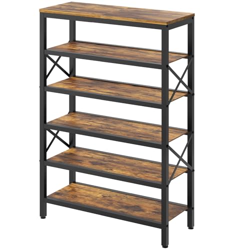 YATINEY 6-Tier Tall Shoe Rack Organizer, Wooden Shoe Storage for Closet Holds 24 Pairs, Sturdy Shoe Shelf with X-Shaped Metal Support, for Entryway, Bedroom, Rustic Brown and Black SS206BR YATINEY