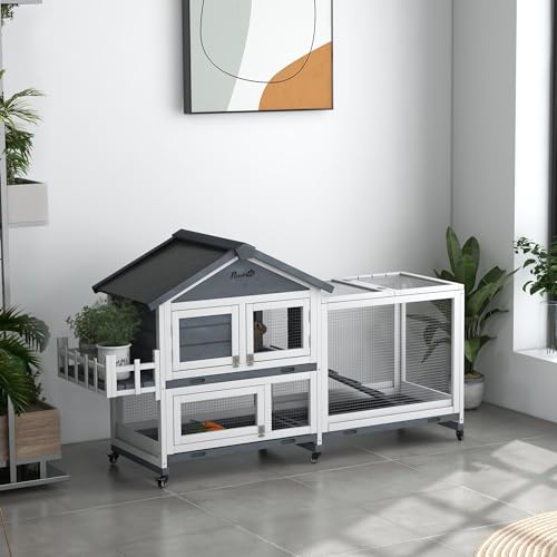 PawHut 65" Wooden Rabbit Hutch, Guinea Pig Hutch, Pet Playpen with Openable Roof, Bunny House Enclosure with Wheels, Storage Box, Slide-Out Tray, Ramp for Small Animals, Gray PawHut