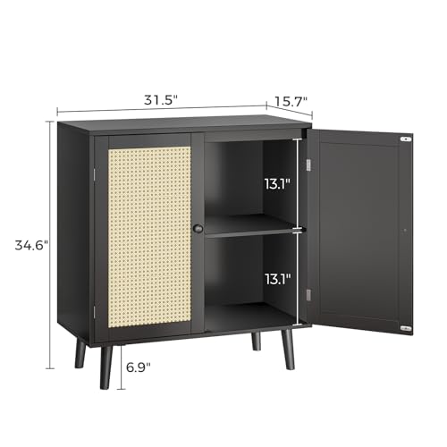 Huuger Buffet Cabinet with Storage, Storage Cabinet with Synthetic Rattan Decor Doors, Accent Cabinet with Solid Wood Feet, Sideboard Cabinet for Hallway, Entry, Living Room, Black Huuger
