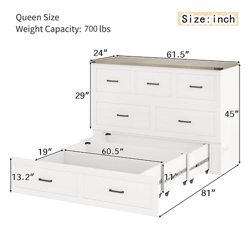 Ball & Cast Murphy Bed Queen Size,Hideaway Wall Cabinet Bed with Charging Station and 1 Large Storage Drawer,Multi-Functional Foldable Platform Beds Frame,can be Folded,for Apartment,Bedroom,White Ball & Cast