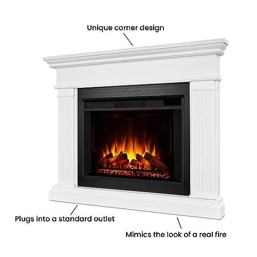 Real Flame Kennedy Grand Corner Electric Fireplace with Mantel for Living Room or Bedroom, Replaceable Fireplace Insert Heater, Realistic Log and Flame Effect, Remote Control, Timer, White Real Flame