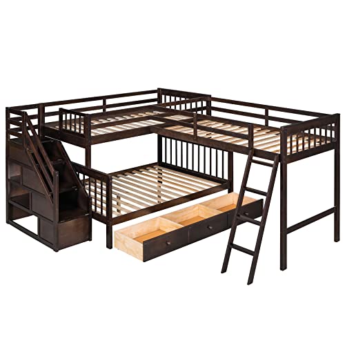 TMAXX Quad Bunk Bed Twin Over Twin Wood L-Shaped Bunk Bed Compatible with 4 Boys Girls Teens, Gray ,Queen Bed, Espresso, YY-991 TMAXX