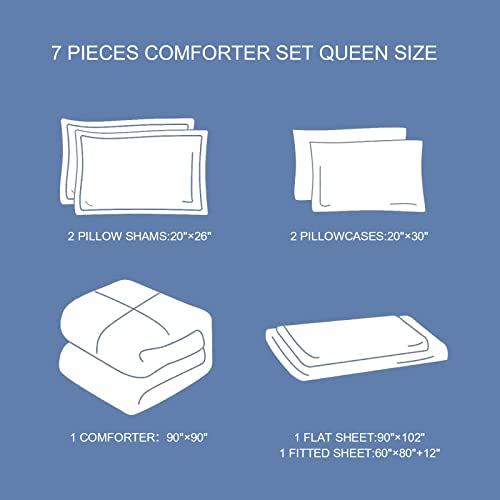 WONGS BEDDING Blue Boho Bed in a Bag Queen,7 Pieces Navy Comforter Set Queen Geometric Comforter Reversible Soft Microfiber Bedding Set with Comforter,Pillowcases,Flat Sheet,Fitted Sheet,Pillow Shams WONGS BEDDING