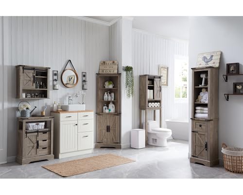 OKD Bathroom Floor Cabinet, Farmhouse Storage Cabinet with Sliding Barn Door & Storage Drawers, Small Storage Cabinet for Bathroom, Kitchen, Living Room, Light Rustic Oak OKD