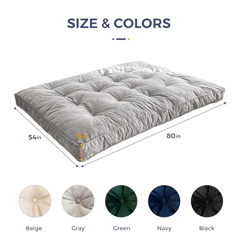 MAXYOYO 6" Futon Mattress Full Size, Velvet Thick Futons Sofa Couch Bed, Versatile Floor Mattress for Adults, Shredded Foam Filling (Frame Not Included), Grey MAXYOYO