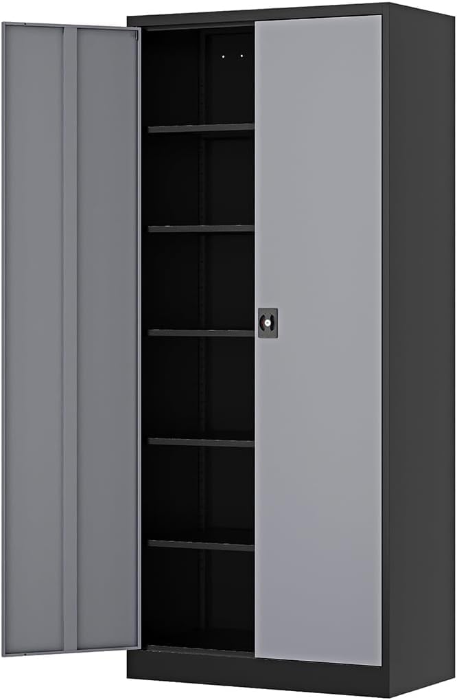 Fesbos 71” Tall Metal Storage Cabinet- Steel File Cabinets with Lockable Doors and Adjustable Shelves-Black&Gray Steel Storage Cabinet for Home,Kitchen, School, Office, Garage Fesbos