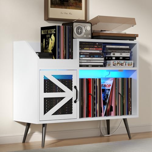 MULEJYBO Large White Record Player Stand with Magnetic Door,350 Vinyl Record Storage Cabinet, Record Player Table with Power Outlet & LED Light,Turntable Stand with Wood Legs for Living Room,Office MULEJYBO