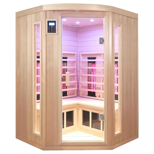 KUNSANA Infrared Saunas 2-3 Person, Ceramic Infrared Sauna for Home, Low EMF Indoor Home Sauna Spa, Ultra Large Size Corner Sauna, Hemlock Wood Sauna Room, Bluetooth Speakers, Chromotherapy Lights KUNSANA