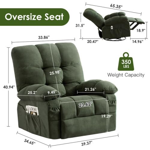 Oversized Recliner Chair for Adults w/ 8-Point 3D Kneading Massage and Lumbar Heating, Swivel Rocker Recliner w/USB Charge Port for Living Room, Ergonomic Lazy Boy Single Sofa Chair (Green)
