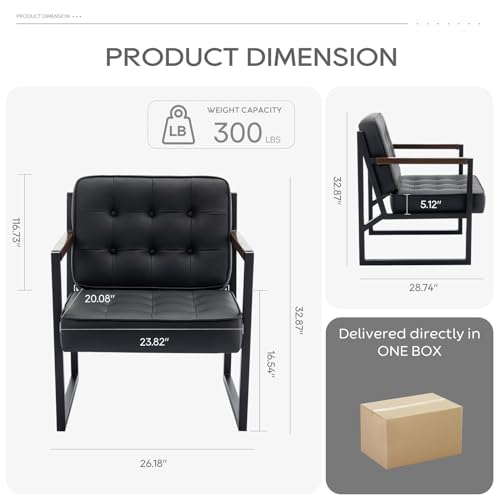 COLAMY Mid Century Modern Accent Chair Set of 2, Comfy Living Room Chair, Black Leather Accent Chair, Faux Leather Reception Armchair with Metal Legs for Living Room Bedroom Reception Office, Black COLAMY