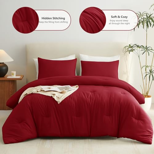 CozyLux King Size Comforter Set Dark Red, 3 Pieces Solid Breathable Quilted Style Bedding Sets, Luxury Fluffy Soft Bed Set with Down Alternative Comforter for All Season (1 Comforter & 2 Pillowcases)