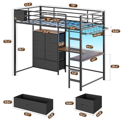 DICTAC Twin Loft Bed with L-Shaped Desk and 7 Storage Drawers,Metal Twin Size Loft Bed for Kids with LED Lights and Charging Station,13.11" H Safety Guardrail and Ladder,No Box Spring Needed, Black DICTAC