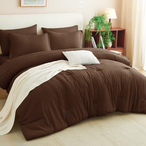 CozyLux Full Size Comforter Sets Brown, 7 Pieces Bed in a Bag Full Comforter Set with Sheets, Luxury Soft Bedding Set with Down Alternative Comforter, Fitted Sheet, Flat Sheet, Pillowcases & Shams