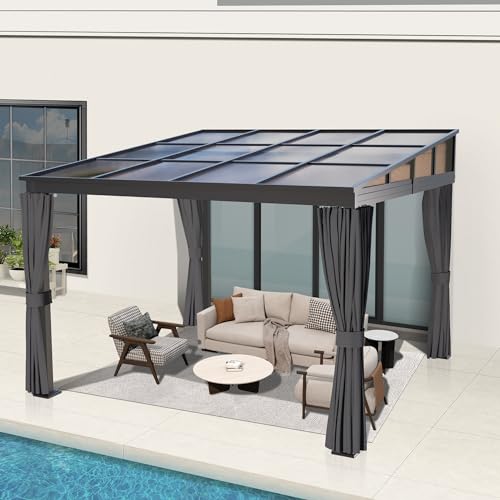 QZEN 10' x 10' Hardtop Lean to Gazebo, Wall Mounted Gazebo with Sloping Polycarbonate Roof and Netting & Curtain, Aluminum Frame Gazebo for Garden, Lawn, Backyard Deck (10’x10’) QZEN