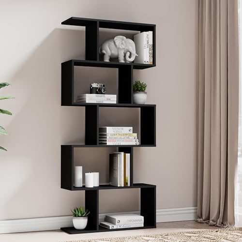 S-Shaped Black Geometric 5-Tier Bookcase – Modern Room Divider & Organiser Cozy Castle