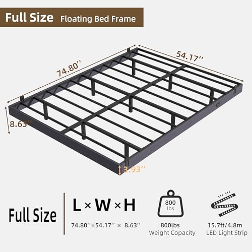 Muluflower Floating Bed Frame Full Size with LED Lights and Charging Station, Grey Linen Metal Platform Bed Frame, Easy Assembly, No Box Spring Needed (Full) Muluflower