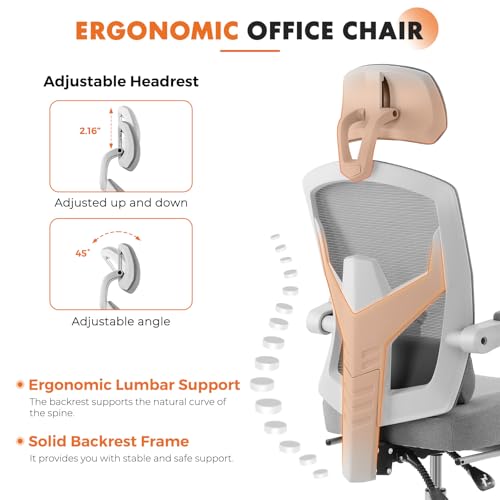 Sweetcrispy Office Computer Desk Chair with Footrest,Ergonomic High-Back Mesh Rolling Work Swivel Chairs with Wheels,Comfortable Lumbar Support,Comfy Arms for Home,Bedroom,Study,Student,Light Grey Sweetcrispy