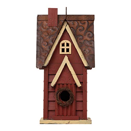 Glitzhome 12" H Distressed Red Cottage Solid Wood Birdhouse Hanging Bird House for Outdoors glitzhome