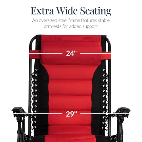 Best Choice Products Oversized Padded Zero Gravity Chair, Folding Outdoor Patio Recliner, XL Anti Gravity Lounger for Backyard w/Headrest, Cup Holder, Side Tray, Polyester Mesh - Red