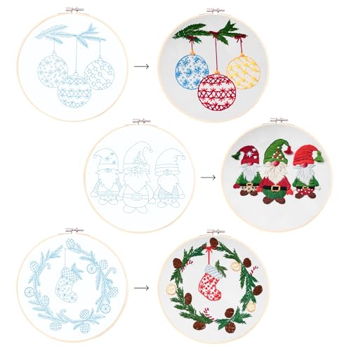 Looples Embroidery Kit for Beginners and Adults with Video Tutorials – DIY Starter Kit with 3 Stamped Floral Patterns, Hoops, Threads, Needles, and Instructions (Gnomes, Ornaments & Holiday Wreath)