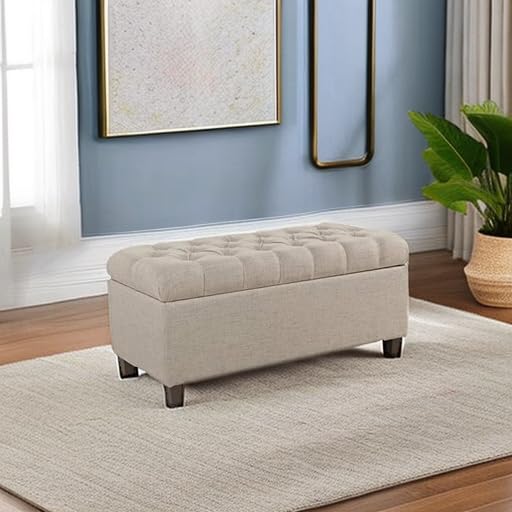 Homepop Home Decor | Tufted Ainsley Button Storage Ottoman Bench with Hinged Lid | Ottoman Bench with Storage for Living Room & Bedroom, Tan HomePop