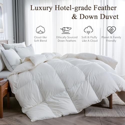 Lightweight Goose Feather Down Fiber Comforter Oversized King, 750 FP Cloudy-Fluffy Duvet Insert, Ultra-Soft Pima Cotton Blend Cover, Hotel Luxury Comforter for Hot Sleepers, White, 120x98 Inches BPC