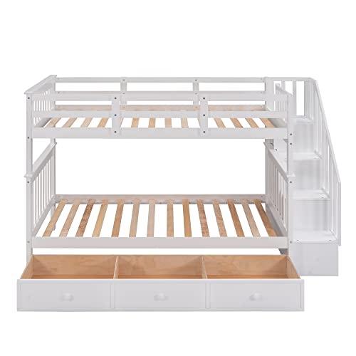 Merax Twin-Over-Twin Bunk Bed with Three Drawers, Soild Wood Stairway Bunk Bed with Storage and Guard Rail for Bedroom, Dorm, White Merax