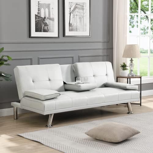 Pu Leather Convertible Futon Sofa Bed,Modern Couch Loveseat Sleeper, 3 in 1 Comfy Folding Recliner Couches Bed for Small Spaces Living Room, Adjustable Backrest, 2 Cupholders for Office (White) Xinmviec