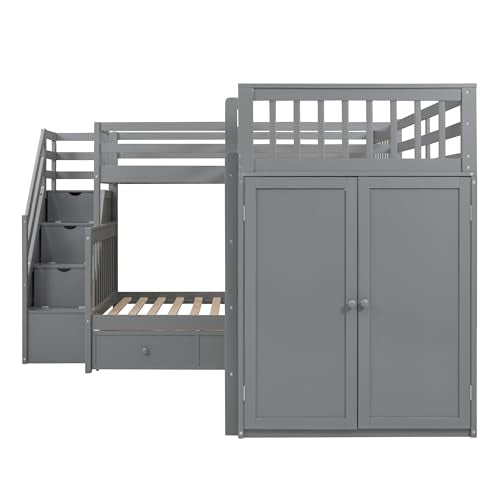 Bellemave L Shaped Triple Bunk Bed with Storage Staircase, Wardrobe, Desk & Drawers, Wooden Bunk Bed for 3 Kids, Twin Over Full Bunk Beds, L-Shaped Loft Bed for Kids, Teens, Adults (Gray) Bellemave