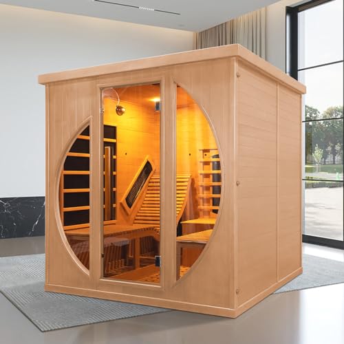 TaTalife Infrared 2 Person Wooden Sauna Room, Luxurious Sauna with Recliner, 3400W Dry Heat Sauna for Home, 9 Heating Panels, Bluetooth Speaker, 7Color Lights, Oxygen Bar, 220V(Canadian Hemlock) TaTalife