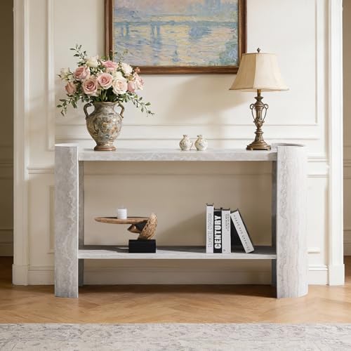 BFJDM 53" Faux Travertine Stone Console Table for Entryway, 2-Tier Sofa Entrance Table with Faux Mars Marble Pattern, Modern Sofa Tables with Storage Shelf for Living Room, Hallway, Foyer, Beige BFJDM