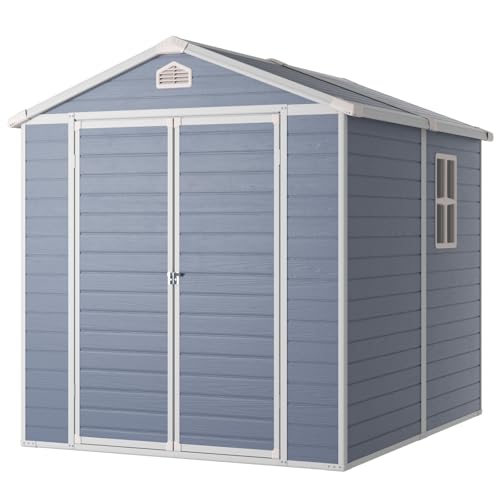 Aoxun 8x6FT Resin Outdoor Storage Shed with Floor, Plastic Garden Shed with Lockable Door and Window, Tools House to Store Patio Furniture, Bike Accessories, Garbage Can and Lawn Mower - Grey Aoxun