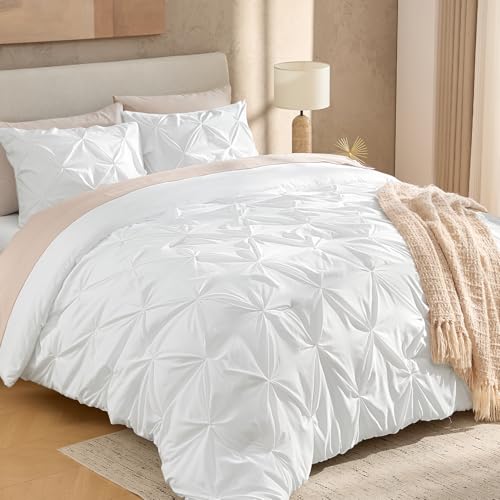 Andency White King Size Comforter Set(104x90Inch), 3 Pieces Cute Soft Pinch Pleat Bedding Comforters & Sets, All Season Lightweight Down Alternative Bed Set for Men Women Andency