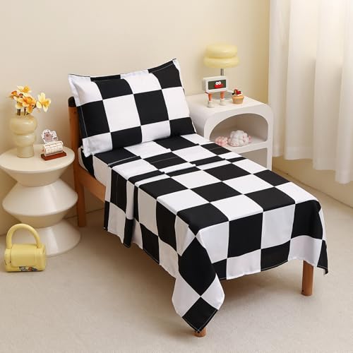 Caressma Checkered Toddler Bedding Set, Classic Black and White Plaid Bed Set, Fluffy Grid Buffalo Plaid 4 Pieces Kids Comforter Bed Set with Comforter, Fitted Sheet, Flat Sheet, Pillowsham Caressma