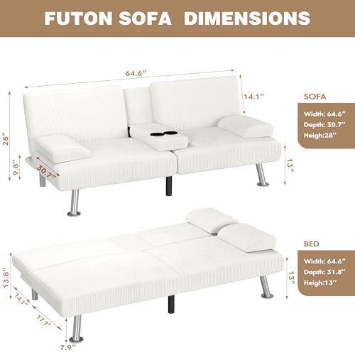 Homall Futon Sofa Bed, Futon Couch with Removable Armrests, Adjustable Recliner Sleeper Sofa Bed with Dual Cup Holders for Living Room, Apartment, Office (Corduroy, White) Homall