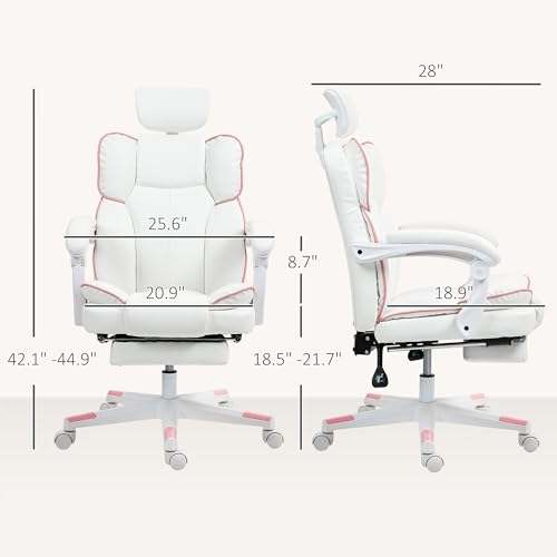 HOMCOM Executive Office Chair, Overstuffed PU Leather Reclining Computer Chair with Foot Rest, Headrest, Swivel Wheels for Home, White HOMCOM