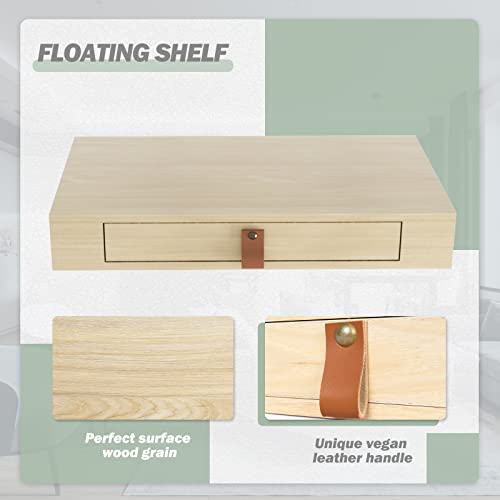 Bloddream Floating Shelf with Drawer, Nightstand for Bedroom - 16'' Wall Shelf, White Floating Shelf with Storage, Floating Bedside Table (Natural) Bloddream
