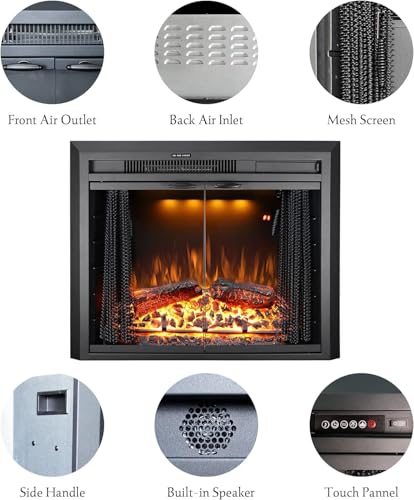 36 in. Electric Fireplace Inserts with Trim Kit, Multicolor Flames & Fire Crackling Sounds, Timer, Overheating Protection Fireplace Heater, 750/1500W Benrocks