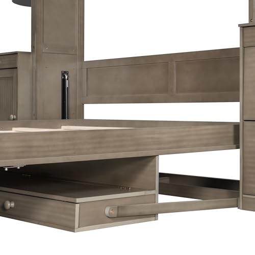 Queen Murphy Bed with Desk,Storage Shelves and LED Lights,Wood Hidden Folding Farmhouse Murphy Wall Bed with Storage Cabinets Bookcase Drawers & Shelves for Adults,Space-Saving (Queen,Natural Wood) MERITLINE