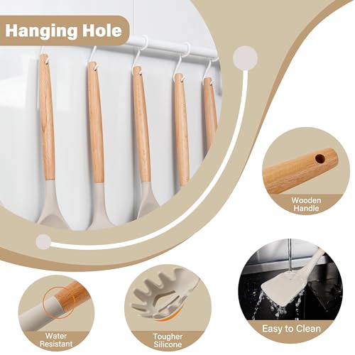 NCUE Kitchen Utensils Set with Holder, 26 pcs BPA Free Non-stick, Wooden Handle Heat Resistance Silicone Spatula Spoon Kitchen Gadgets Cooking Utensils Set (Khaki) NCUE