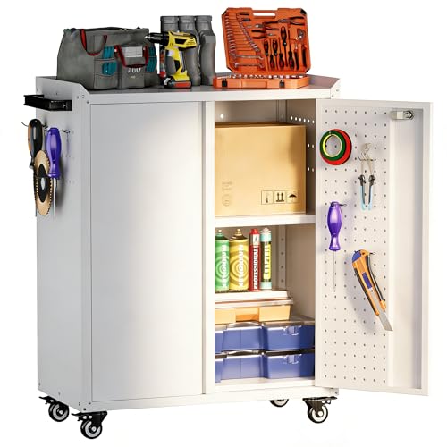 Aobabo Metal Garage Storage Cabinet on Wheels,2 Doors Storage Cabinet with Wheels for Garage,Assembly Required,White Aobabo