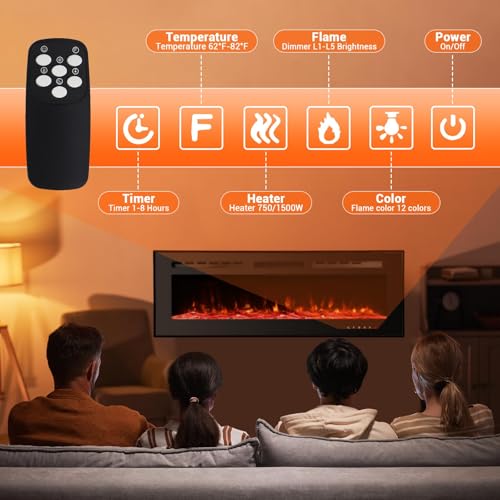 Fireplace, 50 Inch Recessed & Wall Mounted, 750W/1500W Dual Heater, Adjustable Brightness/Carbon Bed Colors/Touch Screen/12 Realistic Ember Color Fireplace, Mount Black PeakPursuit